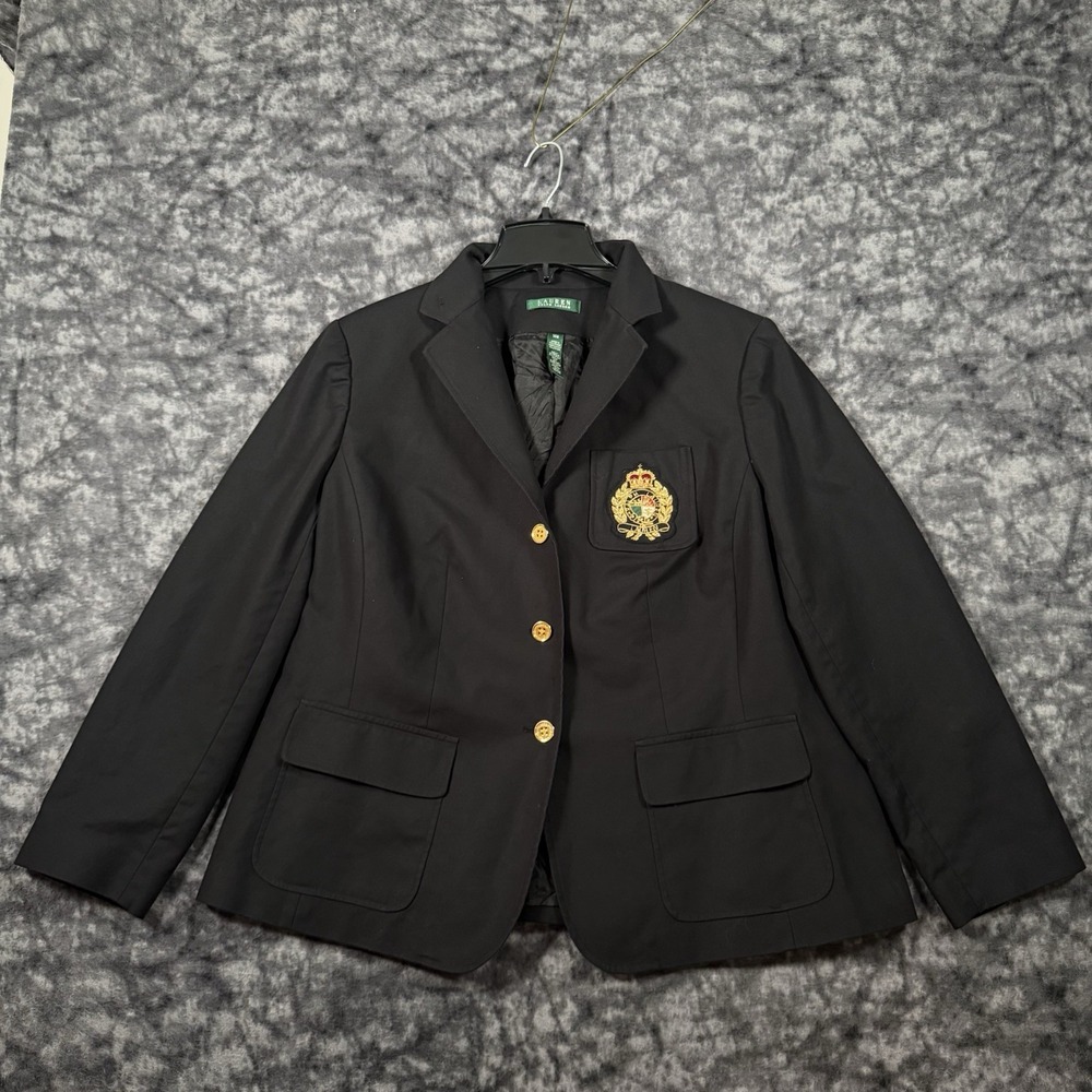 Lauren Ralph Lauren Bullion Jacquard Blazer Womens 14W Black Gold Crest Button